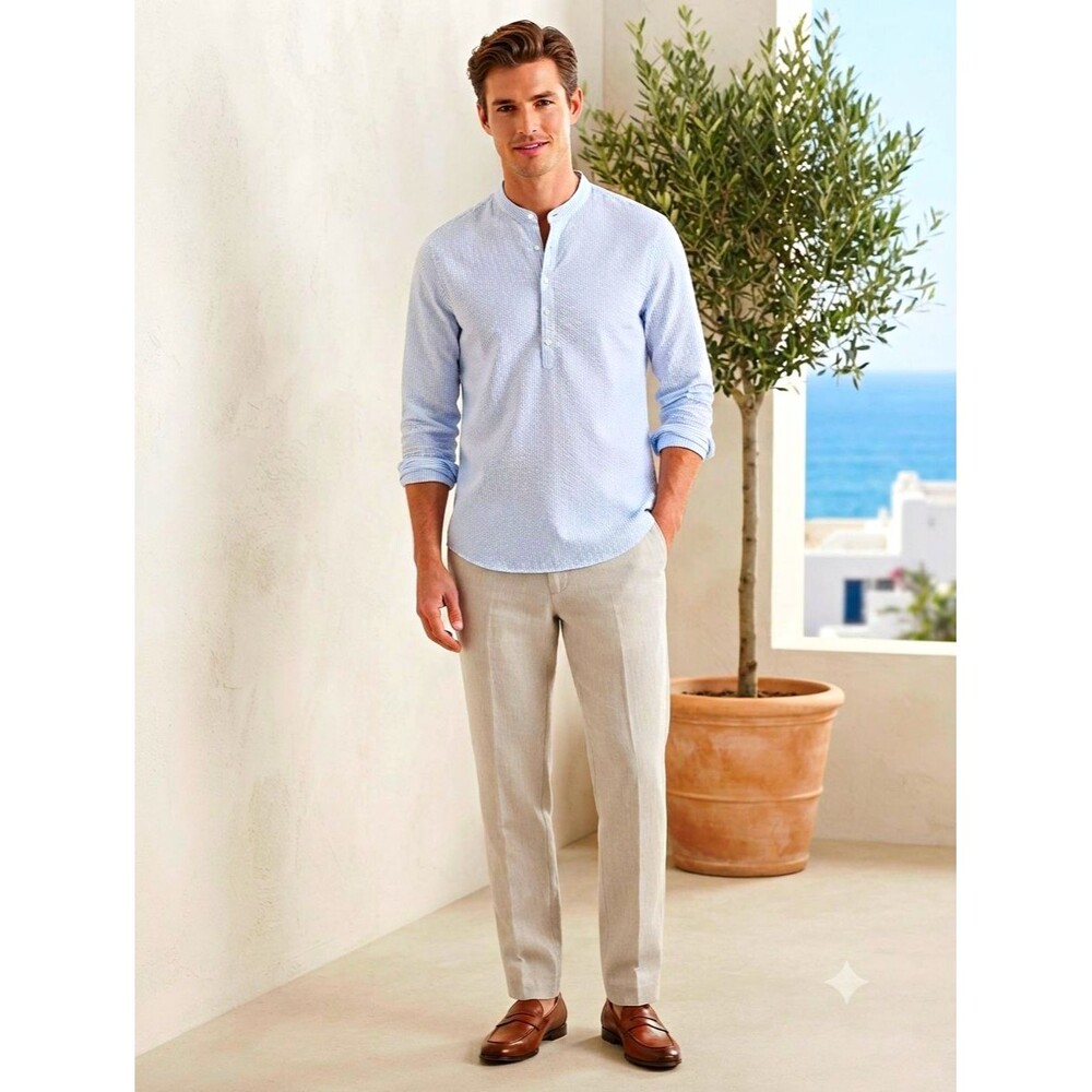 John P. Blue/White Striped XL Cotton Band Collar Long Sleeve Button-Up Shirt